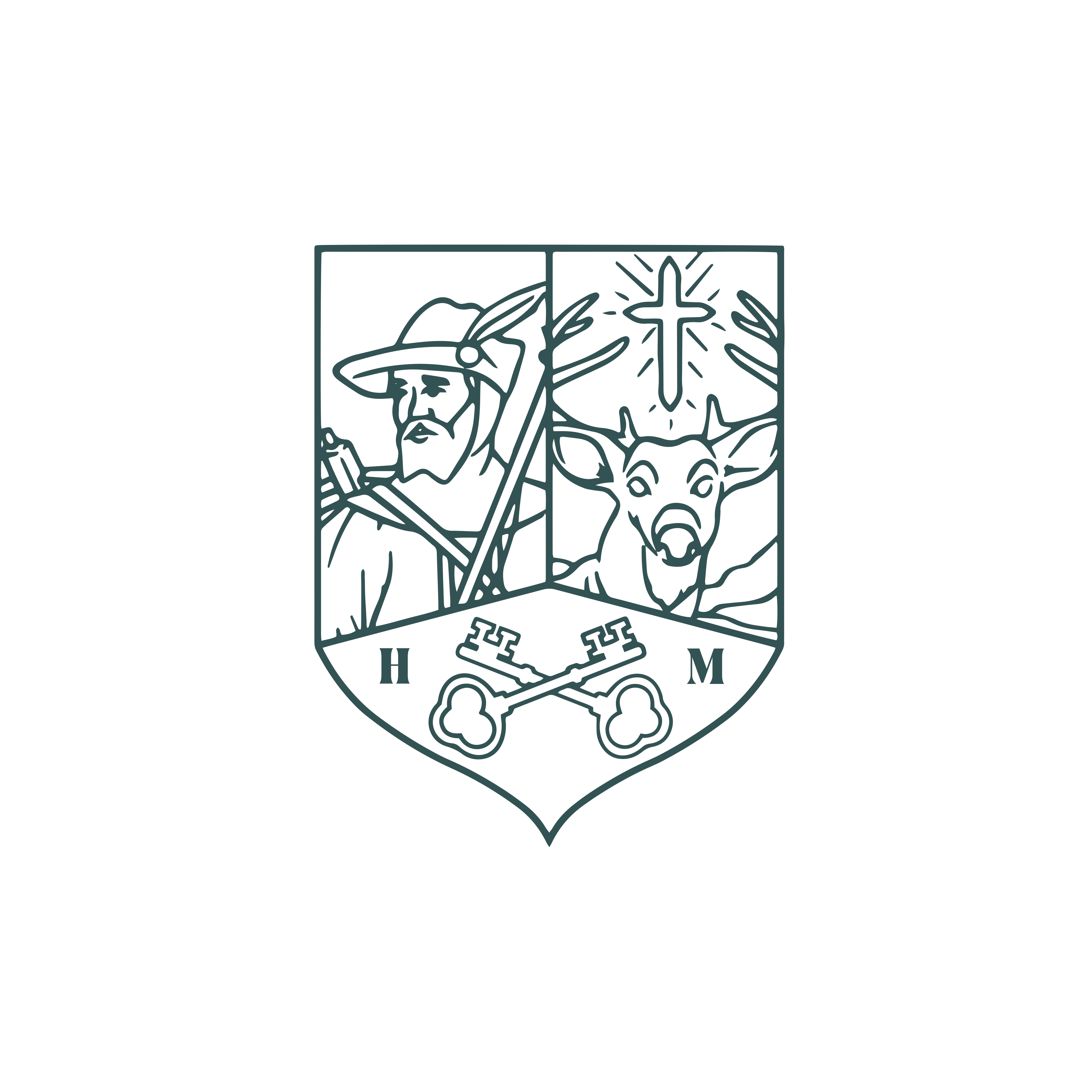 Hubertusmarkt logo met jager en diverse ornamenten in zwart met witte belijning