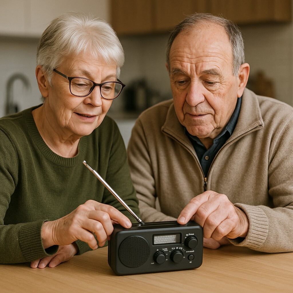 Noodradio met twee luisterende personen